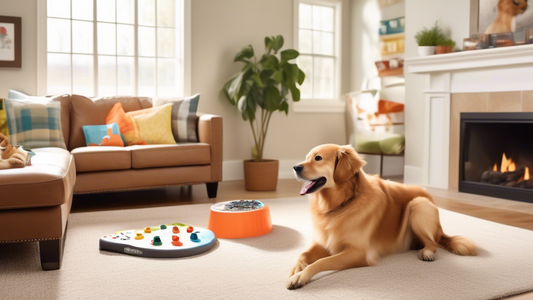 Create an image of a friendly, cozy living room where a happy dog is being rewarded with a treat for sitting on a training pad. The scene includes a variety of engaging training materials such as clic