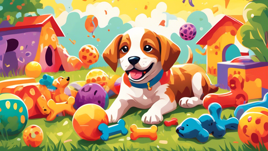 A vibrant, colorful illustration of a happy, playful puppy surrounded by various dog toys. The scene includes puzzle toys, chew toys, plush toys, and a ball with a bright, sunny background. The puppy