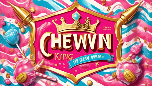 Create an image of a majestic chewing gum wrapper adorned with a crown and royal scepter. The wrapper boasts vibrant, mouth-watering colors and textures, symbolizing flavors like peppermint, strawberr