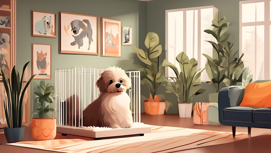Create an image of a cozy indoor living space featuring a variety of stylish and functional dog pens. Show different designs, sizes, and materials to highlight versatility, including a fluffy dog comf