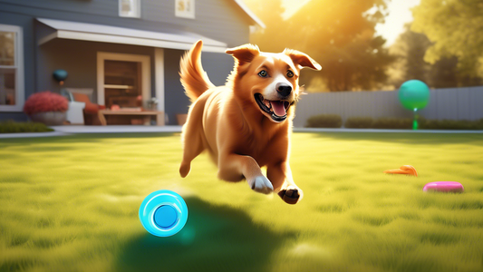 Create an image of an energetic and playful dog chasing a high-tech, dynamic dog toy through a sunny, spacious backyard. The toy is sleek and colorful, equipped with smart features like lights and mot