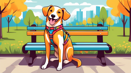 Create an image of a happy dog in a park setting, wearing a well-fitted, colorful harness and leash. Include a variety of harness and leash options displayed neatly on a nearby bench, showcasing diffe