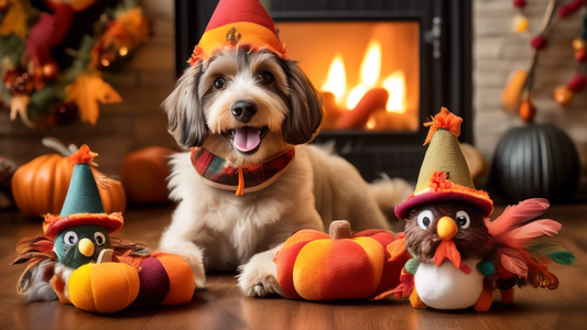 Create an image of an adorable dog playing with festive, turkey-shaped dog toys. The toys are colorful, detailed with feathers, and designed to look like cartoonish turkeys wearing tiny pilgrim hats.