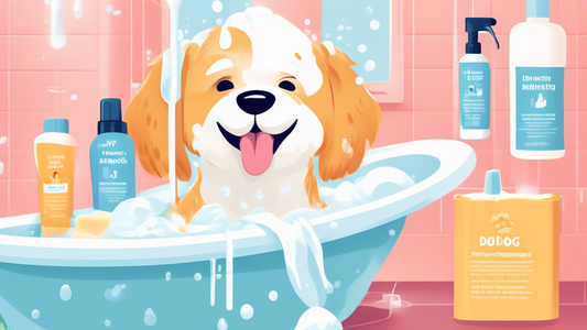 Create a detailed illustration showing a happy, clean dog with a shiny coat being bathed with antimicrobial dog shampoo. Include text highlighting benefits such as reduces odor, fights bacteria, sooth