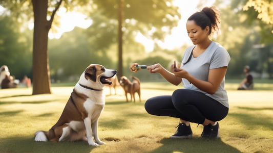 Create an image of a calm, serene outdoor park setting where a dog trainer is working with a reactive dog. The trainer is using positive reinforcement techniques, holding a treat and a clicker, while