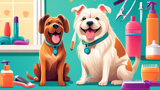 Create an image of a cheerful pet owner using Andis dog clippers to groom their happy dog in a well-organized home setting. The background should include various grooming tools, a tidy grooming statio