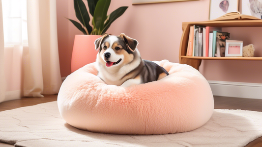 Create an image of an adorable, cozy indoor setting featuring a fluffy dog lounging contentedly on a Squishmallow-shaped dog bed. The bed should be colorful and plush, matching the whimsical style of