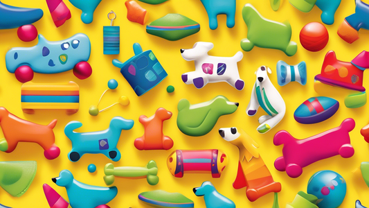 Create an image of playful and colorful dog toys, showcasing a variety of shapes and textures. Illustrate a joyful dog surrounded by these toys, in a vibrant park setting, capturing the excitement and