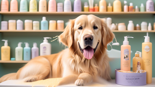 A cozy pet grooming corner with an assortment of dog shampoos lined up on a shelf, showcasing different labels with natural ingredients like oatmeal, aloe vera, and lavender. A cheerful golden retriev