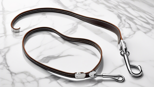Create an image of a sleek and sophisticated Hermes dog leash, artistically displayed on a modern white marble surface. The leash should have signature Hermes elements, such as fine leather and elegan