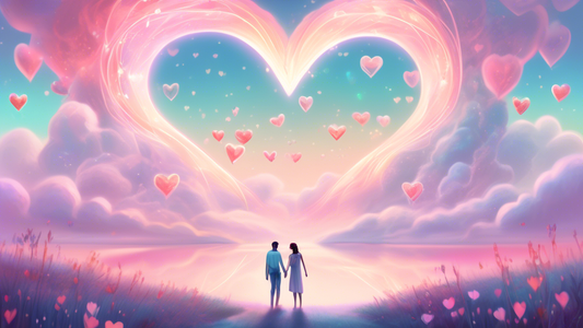 An enchanting scene where two individuals are closely connected by a glowing, ethereal harness around their hearts, symbolizing the profound bond of true love. The background features a dreamy landsca