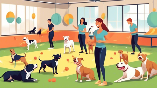 A heartwarming scene of pitbulls in a professional training facility. The trainers are using positive reinforcement techniques like treats and praise, while the dogs navigate agility courses, practice