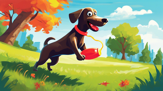 Create an image depicting a happy dog playing energetically with a Kong Wubba dog toy in a vibrant outdoor setting. The toy should appear durable and engaging, showing signs of wear but still intact.