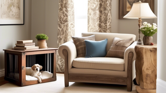 Create a detailed and charming image of a cozy living room, showcasing innovative and stylish methods to conceal a dog's crate: a crate transformed into a rustic end table with a lamp and books on top