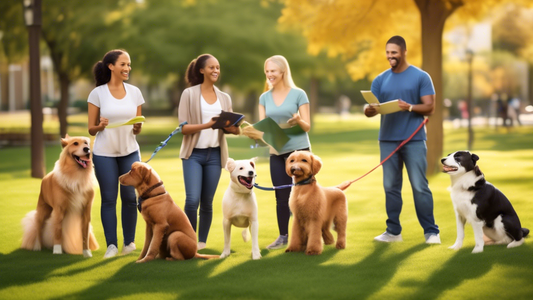 Create an image of a friendly neighborhood setting with a variety of happy, active dogs being trained by professional trainers in an open park. Include signs that say 'Local Dog Training Services' and
