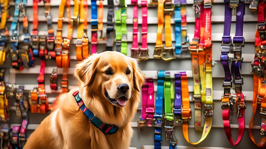 Create an image of a variety of colorful Kong dog harnesses displayed on a wall in a pet store, with a happy dog owner carefully selecting the perfect one for their medium-sized golden retriever. The