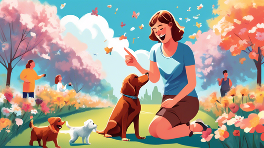 A cheerful scene with a person in a park, training an enthusiastic puppy. The person is holding a treat in one hand and pointing with the other, while the puppy sits attentively. The background featur