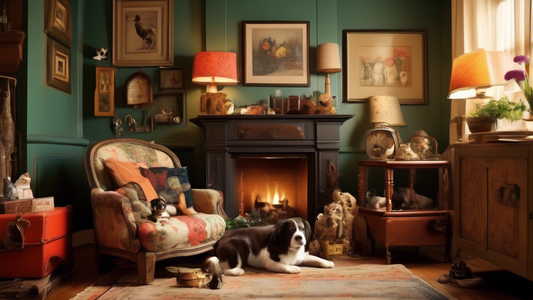 Create an image of a cozy living room with a nostalgic atmosphere, where an owner finds their pet's old, colorful harness tucked away in a drawer. The scene should include a joyful pet, perhaps a dog