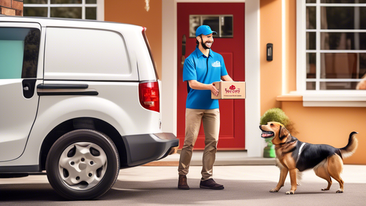 Create an image of a cheerful and friendly delivery person, dressed in a crisp uniform, handing a neatly-packaged box labeled Raw Dog Food to a happy pet owner at a bright and welcoming doorstep. Incl