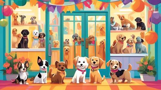Create an adorable illustration depicting various puppies trying on different colorful collars and leashes. Each puppy is a different breed, showcasing diversity in size and fur type. The backdrop fea