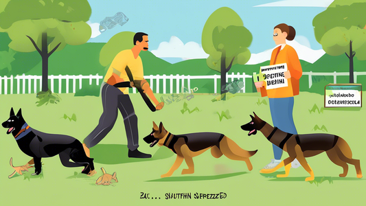 Create an image depicting a well-trained German Shepherd practicing Schutzhund training in a local park setting, with an instructor guiding the dog as it performs obedience, tracking, and protection e