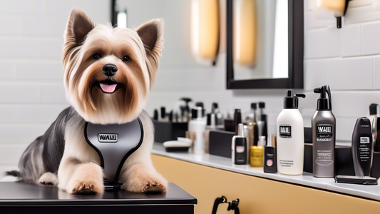 Create an image showcasing a high-quality, professional dog grooming setup with Wahl dog clippers prominently displayed. The scene should include a well-groomed dog sitting happily on a grooming table