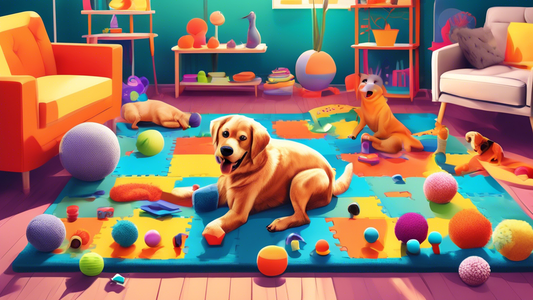 A vibrant scene showcasing a variety of challenging dog toys designed for mental stimulation, including puzzle feeders, treat-dispensing balls, interactive plush animals, and complex rubber chew toys,