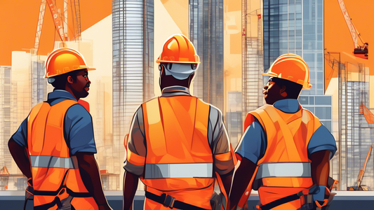 Create an image of diverse construction workers on a high-rise building site, all wearing bright orange safety harnesses properly secured. The background features a bustling cityscape, and instruction