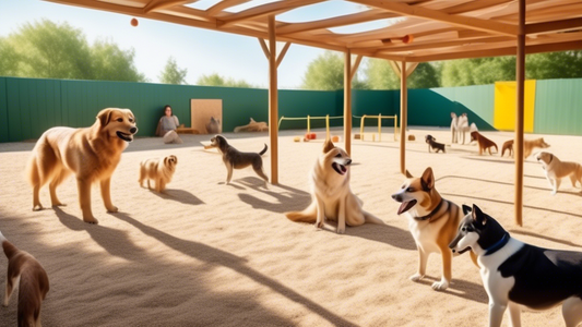 A serene countryside dog training facility with various breeds of dogs practicing different training exercises. There are friendly trainers interacting with the dogs, showing positive reinforcement te