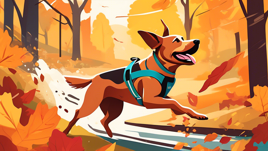 Create an image of a happy, energetic dog wearing a no-jump harness while enjoying an outdoor adventure with its owner. Show the dog running through a scenic park with autumn leaves, jumping streams,