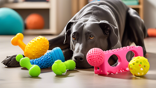 Create a vibrant image featuring a variety of heavy-duty dog toys specifically designed for aggressive chewers. Include assorted toys with rugged, durable materials like rubber and nylon. Show a playf