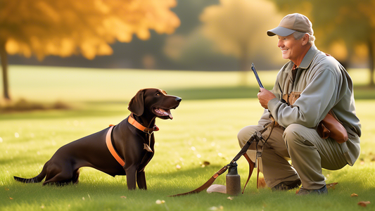 Create an image that features a friendly local bird dog trainer working with a well-behaved hunting dog in a picturesque outdoor setting, such as a park or field. Include signage or banners indicating