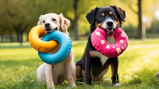 Create an image that showcases several Goughnuts dog toys, highlighting their durability and innovative design. The scene should feature playful and happy dogs of various breeds actively engaging with