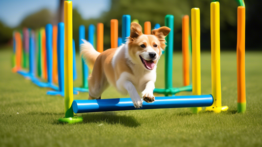 Create a vibrant and dynamic image showcasing a variety of agility toys for dogs, such as weave poles, tunnels, jump bars, and A-frames, in a backyard setting. Include various dog breeds actively part