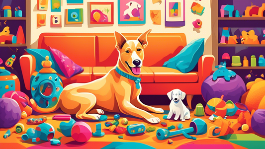 Create a vibrant and cheerful illustration of a playful dog surrounded by a variety of enrichment toys. Include interactive puzzle games, treat-dispensing toys, chew toys, and plush toys. The backgrou