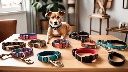 Create an image showcasing a variety of stylish and functional dog collar and leash sets displayed on a table. Each set features different colors, patterns, and materials, ranging from leather to nylo