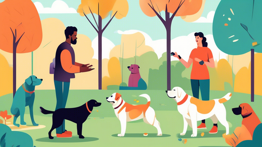 Create an image illustrating a dog trainer working with a reactive dog in a park setting. The trainer uses positive reinforcement techniques like treats and clickers, while the dog shows gradual impro