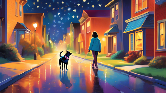 Create an image of a serene nighttime street scene where a happy dog is wearing a glowing, colorful Nite Lite dog collar. The dog is being walked by a smiling owner, and the collar emits a warm, vibra