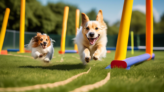 Create an image of a happy, energetic dog navigating an agility course. The setting should be a beautiful, sunny outdoor field, with various obstacles like tunnels, weave poles, and jumps. The dog sho