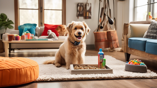 A cozy living room scene featuring an adorable, happy dog surrounded by essential dog accessories. Include items such as a stylish dog bed, a variety of colorful chew toys, a sturdy leash and collar,
