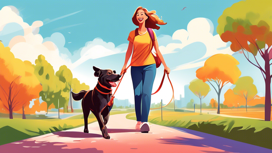Generate an image of a happy dog being walked by its owner using a colorful and durable Biothane leash. The dog looks comfortable and excited, while the owner appears relaxed and content. In the backg