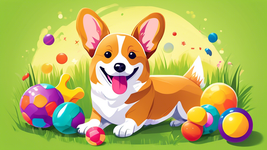 Create an image featuring an adorable Corgi playing happily with a variety of top-rated dog toys. Include vibrant chew toys, a colorful ball, a squeaky plush toy shaped like a bone, and an interactive