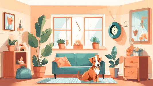 Create a heartwarming and informative scene of a bright and cozy living room where a playful puppy is happily entering its crate. Include soft bedding inside the crate, some chew toys around, and a sm