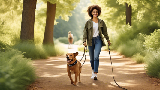 Create an image of a happy dog owner walking their dog on a Carhartt dog leash in a picturesque park. The leash should be sturdy and stylish, with clear Carhartt branding. The background should featur