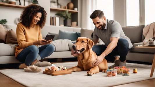 A cozy living room setting where a man and a woman are working together to train their enthusiastic puppy. The couple looks happy and patient as they use treats and toys to teach commands like sit and