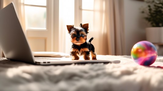 A heartwarming scene of a cozy, modern living room with sunlight streaming through sheer curtains. In the middle of the room, a playful teacup Yorkie puppy with a glossy coat is happily chasing a smal