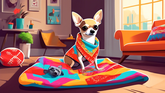 A stylish and cozy living room with a cute chihuahua wearing a colorful bandana. Surrounding the chihuahua are must-have accessories including a small, plush dog bed, a variety of chew toys, a fashion