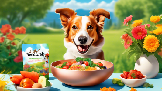 Create an image of a happy and healthy dog in a picturesque outdoor setting, surrounded by lush greenery and vibrant flowers. The dog is eating from a bowl labeled 'Redford Naturals' with premium ingr