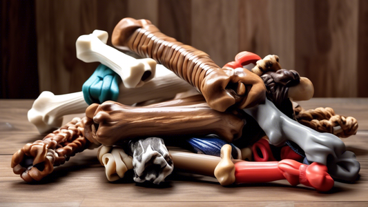An image showcasing a variety of durable dog chews designed for aggressive chewers, arranged neatly on a wooden table. The scene includes large, sturdy chews such as antler bones, nylon bones, rubber