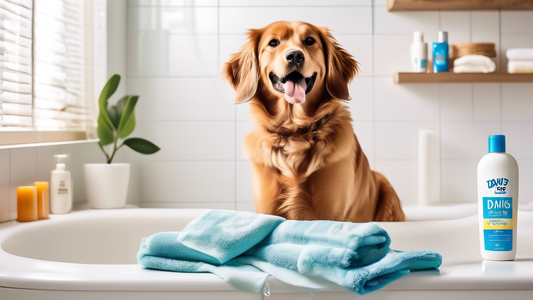 Create an image of a happy and clean dog with a shiny coat being pampered in a cozy bathroom setting, with a prominently featured bottle of Davis Dog Shampoo on a shelf nearby. The dog should appear j